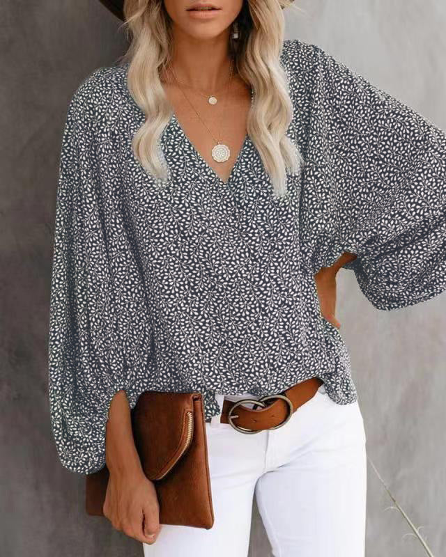 V-Neck Shirt Print Balloon Sleeve Top