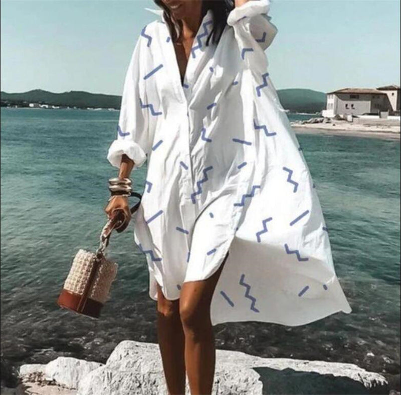 Women's Casual Single Loose Lapel Mid Shirt Dress