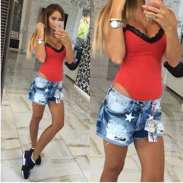 Sexy V-neck Suspender Lace Stitching Jumpsuit Women's Clothing