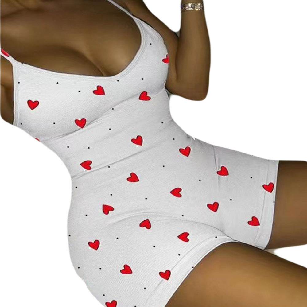 Sexy V-neck Peach Heart Print Suspender Jumpsuit Casual Women's Jumpsuit