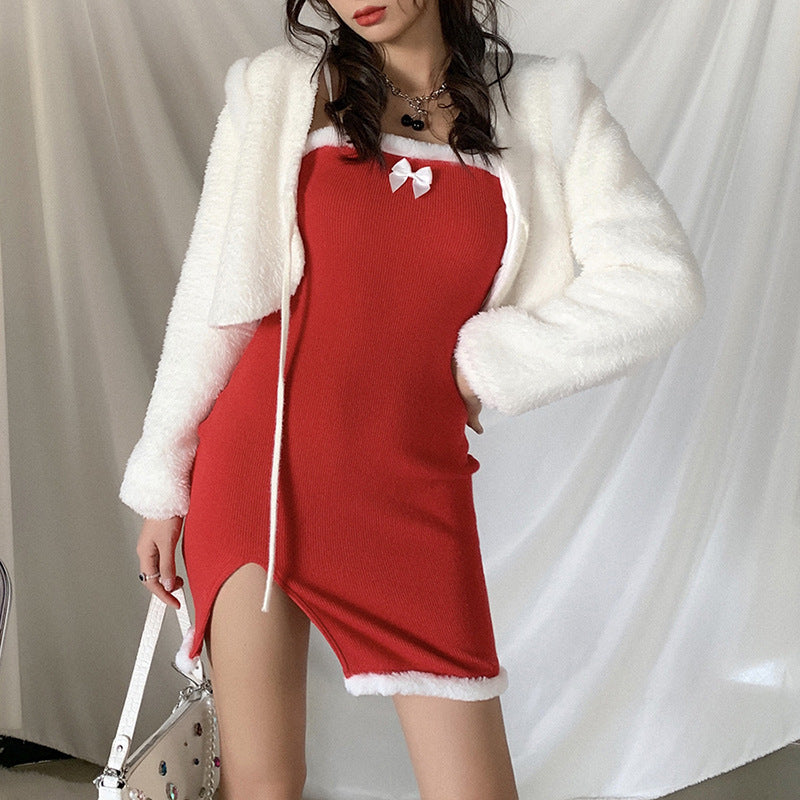 Christmas Annual Party Dress Winter Sexy Tight-fitting Split Hip Red Dress