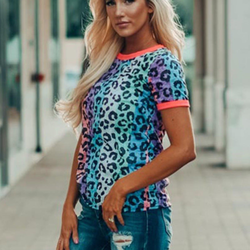 European And American Leopard Print Tie-dye Round Neck Colorful Short Sleeves