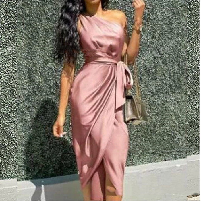 One-shoulder Bow Tie Belt Women's Party Dress