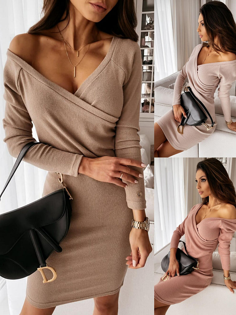 New V-Neck Sexy Mocha Slim Slim Dress