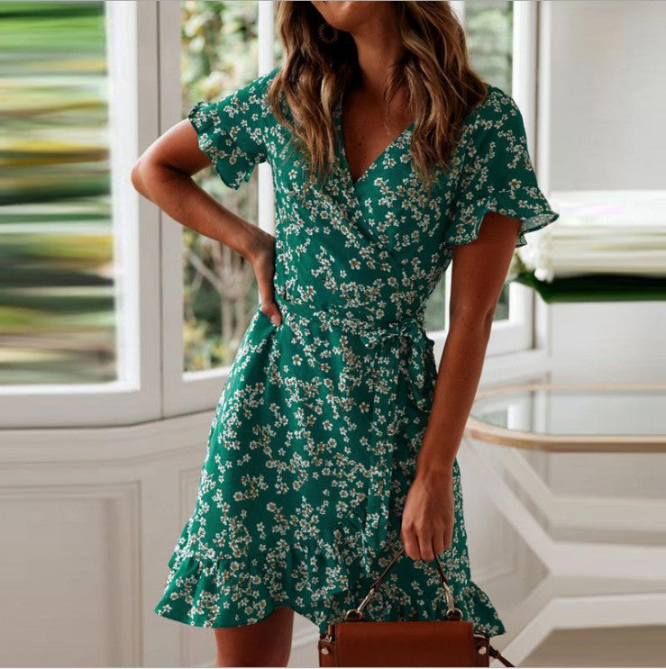 Printed V-Neck Tie High Waist Chiffon Floral Dress
