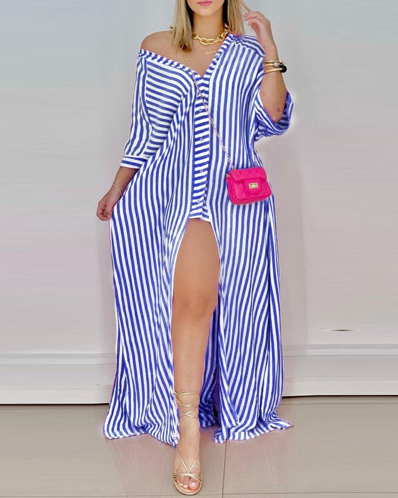 Loose Long Sleeve V Neck Striped Shirt Dress Women's