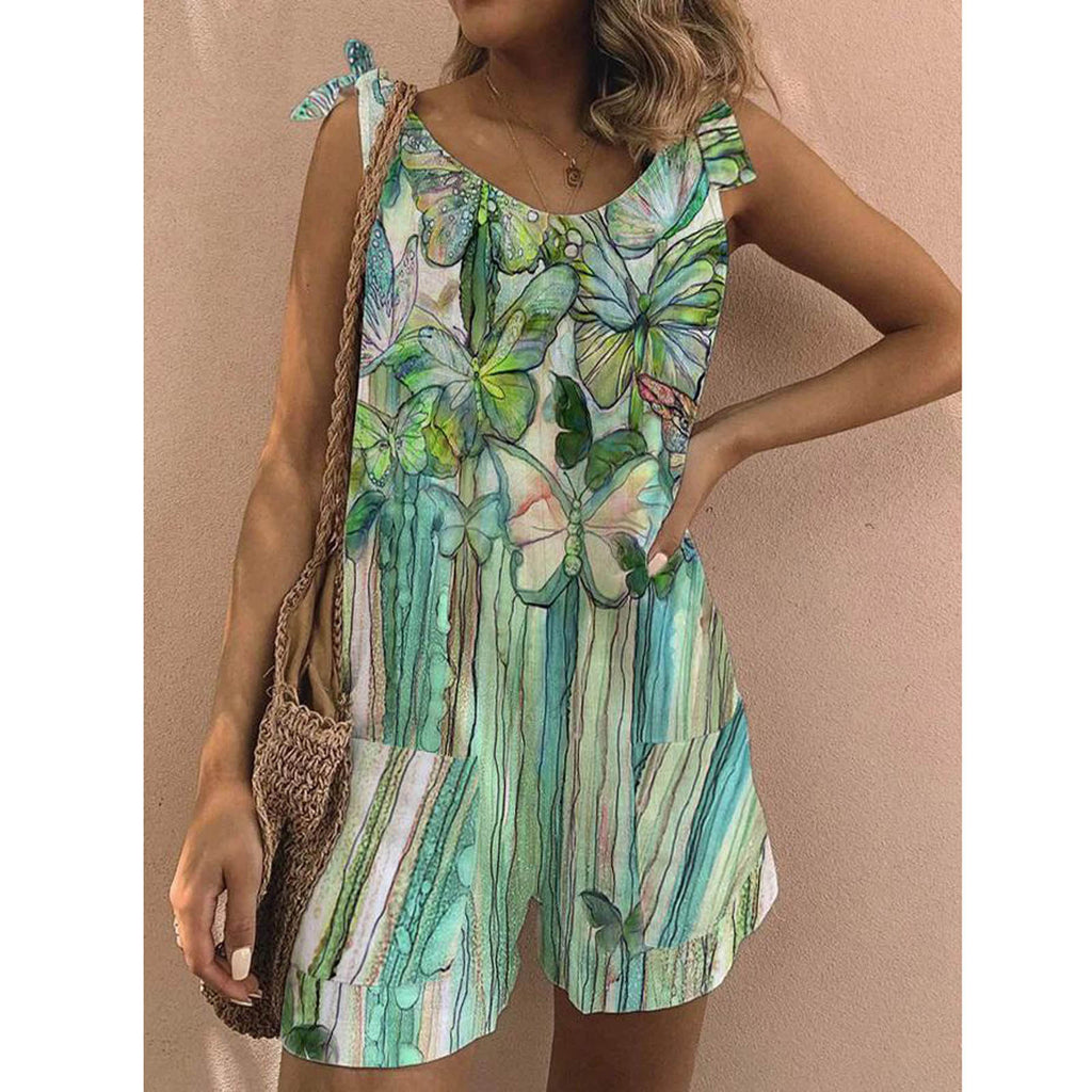 New Printed Cotton And Linen Slub Loose Style Jumpsuit