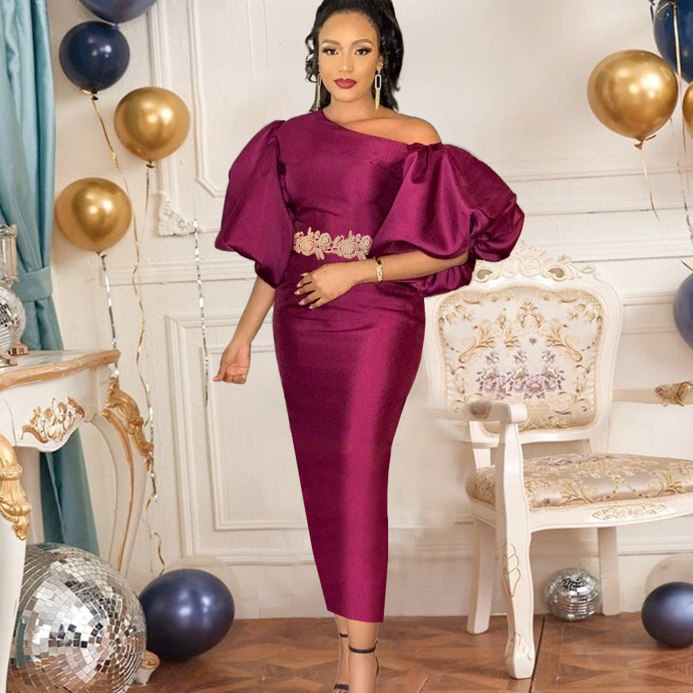 Slanted Shoulder Lantern Sleeves High Waist Slit Party Long Dress