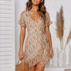 Printed V-Neck Tie High Waist Chiffon Floral Dress