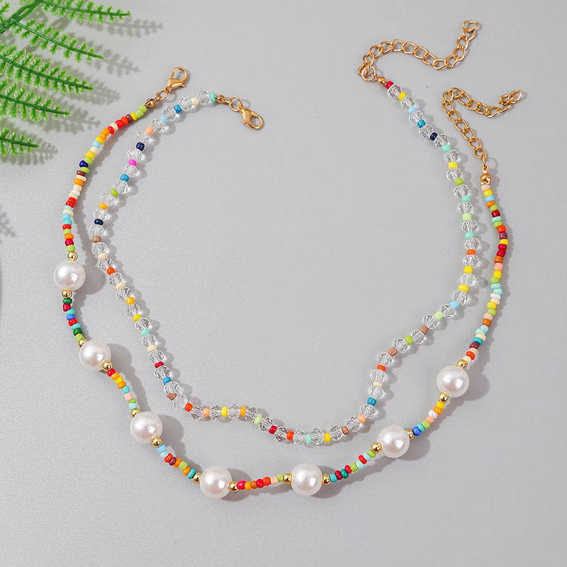 Bohemian Hand Woven Crystal Rice Bead Multilayer Necklace