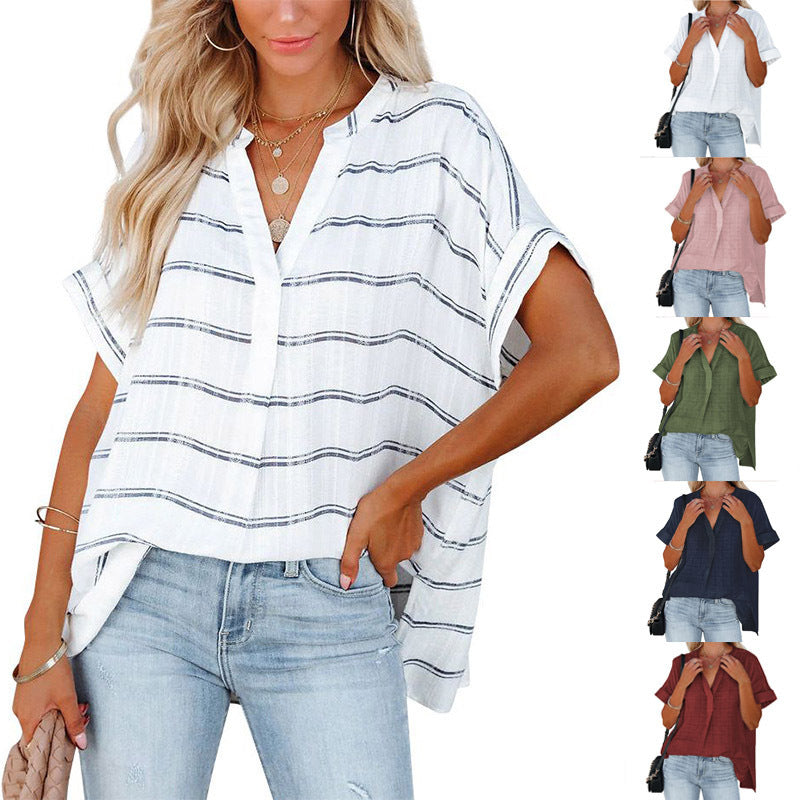 Summer Loose Shirt For Women Short Sleeve Thin V-Neck Pullover Shirt