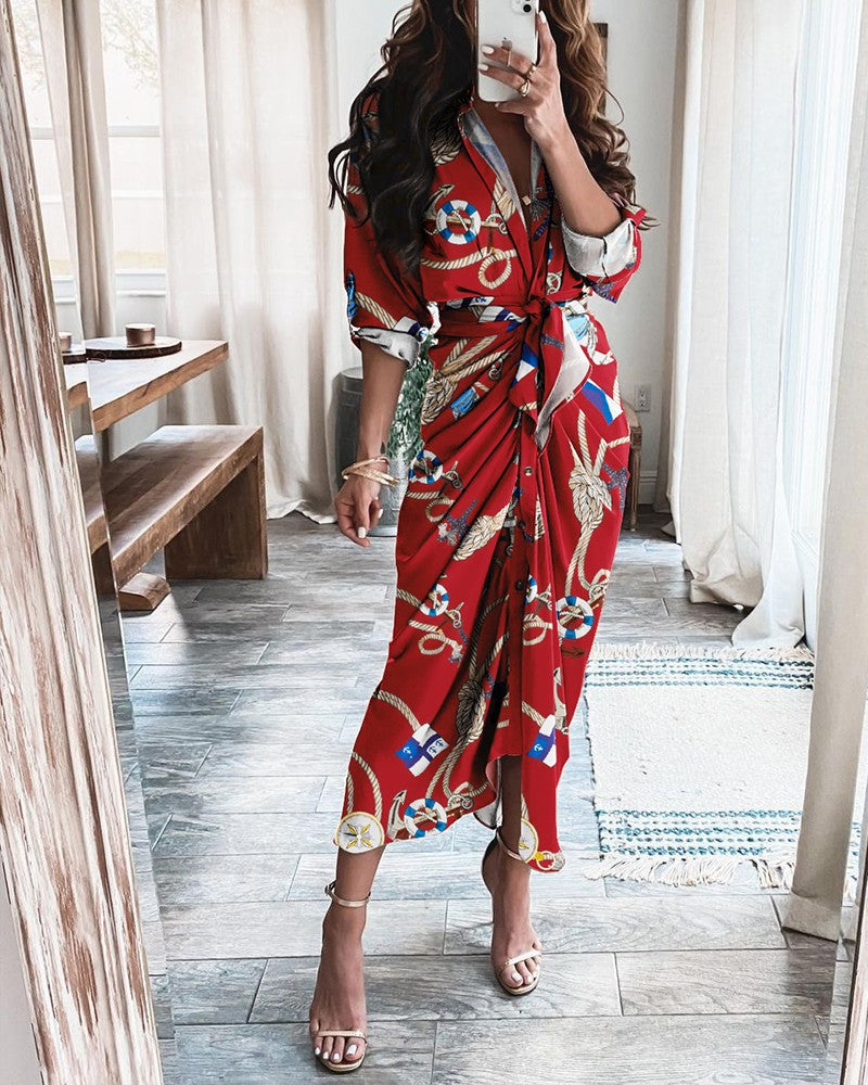 Long Sleeve V Neck Button Print  Long Dress Women's