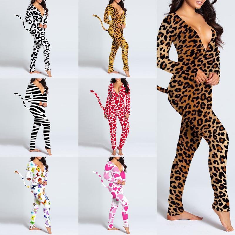 Women's V-neck Digital Printing Long-sleeved Button Tail Bodysuit