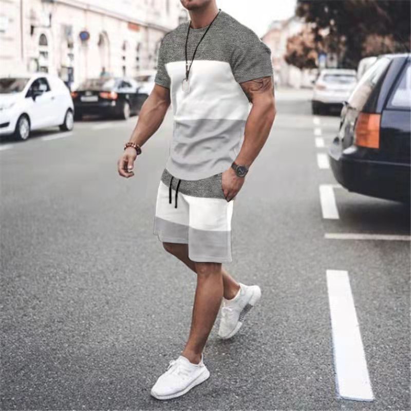 Loose Casual Suit Colorblock Printable T-Shirt Short Suit