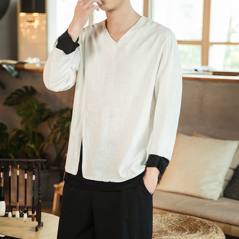 Linen Fake Two-Piece Loose T-Shirt Casual Top