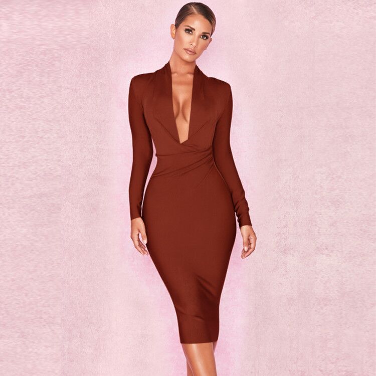 Long Sleeve Mid-length Skirt Banquet Party Bandage Dress
