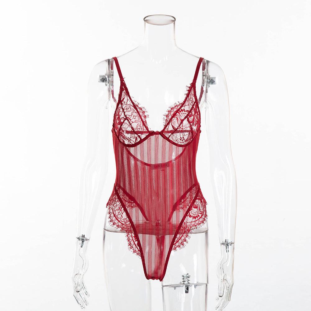 Sexy See-through Bodysuit In Lace Striped Underwear