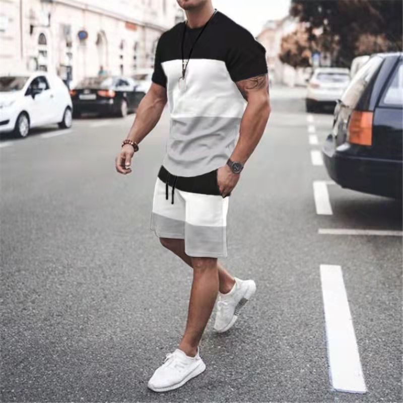 Loose Casual Suit Colorblock Printable T-Shirt Short Suit